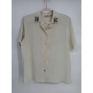 Alfred Dunner Womens Size 14 Cream Embroidered Collar Short Sleeve  Shirt Top
